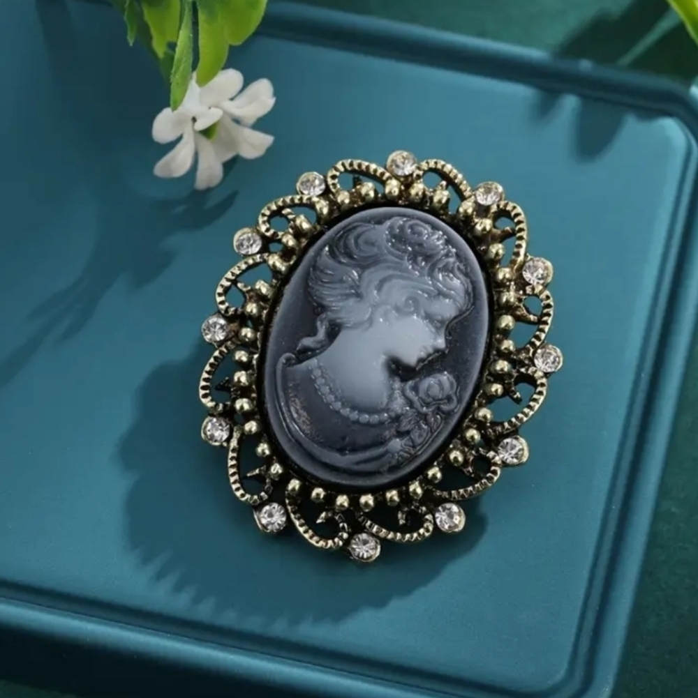 Vintage Dark Gray And Silver Cameo Brooch